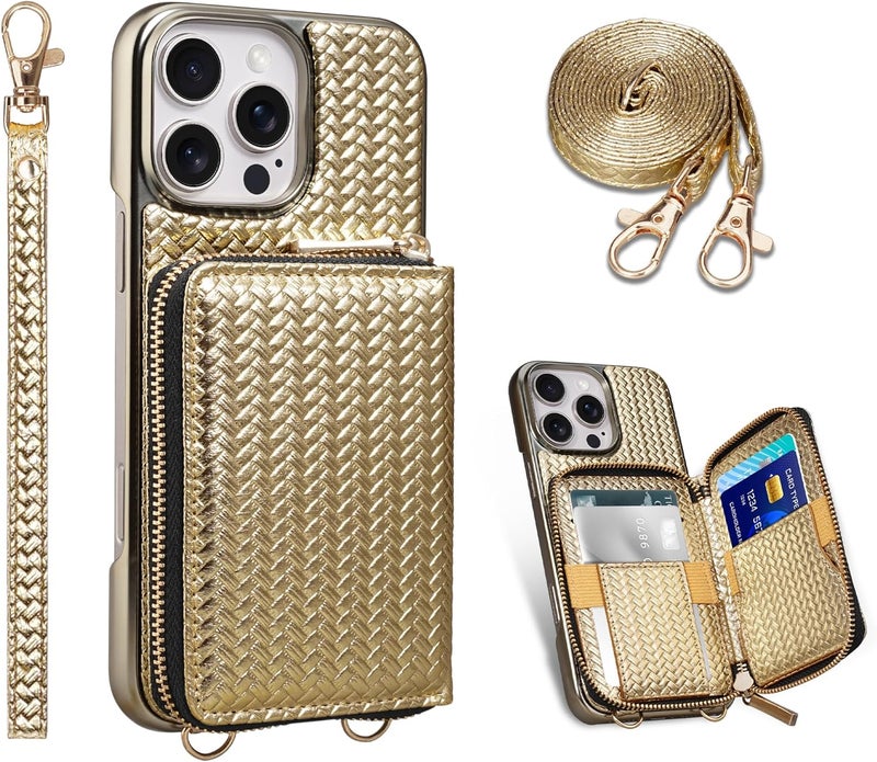 Keallce Wallet Case for iPhone 16 Pro Max 6.9", Crossbody Zipper Purse with Wristlet Strap, RFID Blocking Card Holder Kickstand, Woven Leather Case Electroplating Process for Women (Gold) - Image 1